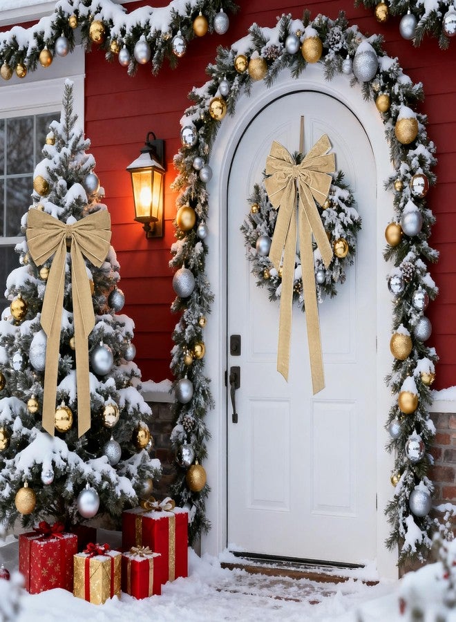 Stuffygreenus 2 Pcs Large Christmas Velvet Bows 10" x 27.5" Christmas Bows Tree Ornament Xmas Velvet Ribbon Bow for Gift Wrapping Wreaths Garland Holiday Home Front Door Decor (Khaki) - Image 5